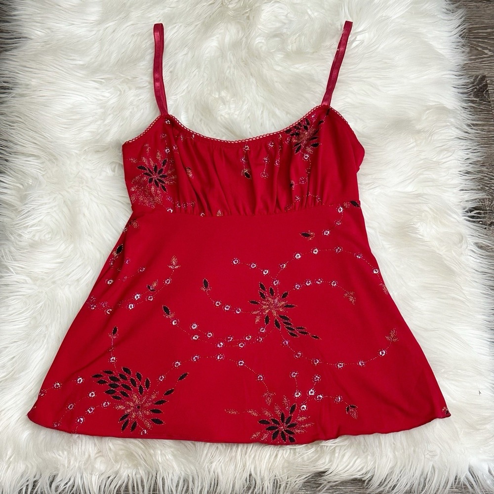 VTG Y2K IZ Byer Red Tank Babydoll Glitter Sparkle Medium M Vamp Coquette‎